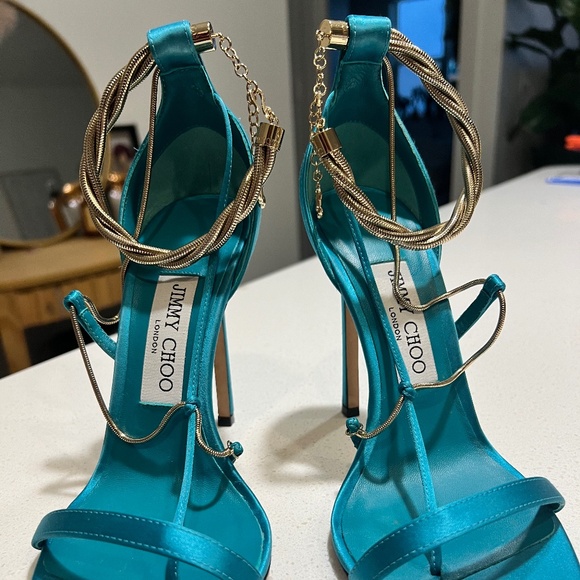 JIMMY CHOO Oriana 110 Turquoise Gold Chain Heel Size 37 - Picture 4 of 8